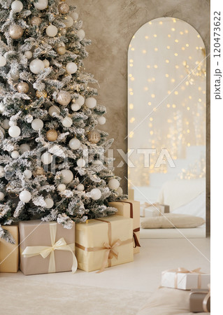 Gifts under a decorated Christmas tree in the living room. 120473622