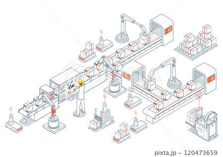 Smart robots and autonomous guided vehicles (AGVs) are transforming warehouse operations through automated material handling. Vector illustration eps10 Smart robots and autonomous guided vehicles (AGVs) are transforming warehouse operations through automated material handling. Vector illustration eps10 120473659