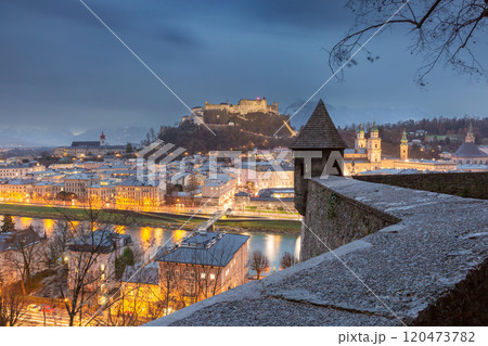 Evening panorama of Salzburg and the mountains surrounding the city, Austria 120473782