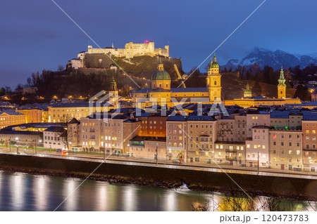 Night View of Salzburg with Hohensalzburg Fortress, Austria 120473783
