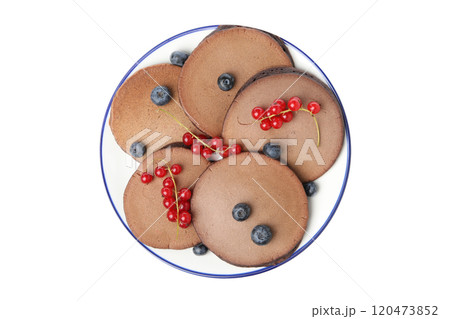 PNG, Chocolate pancakes with berries on plate, isolated on white background, top view 120473852