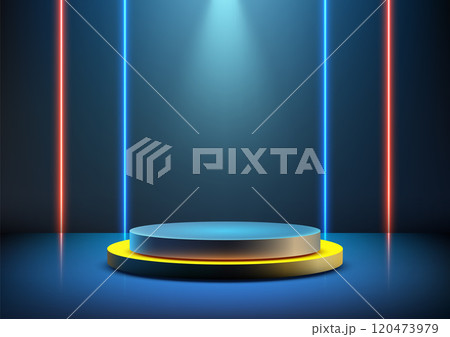 3D Neon Technology Podium with Spotlight on Dark Blue Platform for Modern Mockups and Product Display 3D Neon Technology Podium with Spotlight on Dark Blue Platform for Modern Mockups and Product Display 120473979