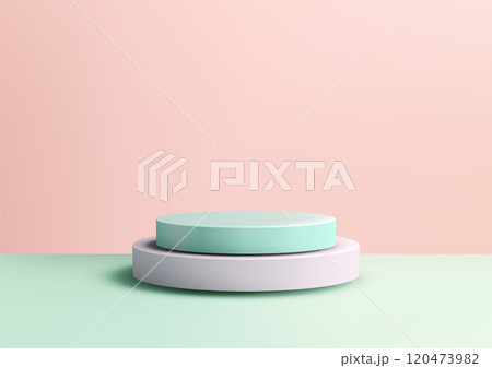 3D Mint Green and Pink Cylindrical Podium on Light Green Surface with Soft Pastel Background for Product Display and Mockup Showcases 3D Mint Green and Pink Cylindrical Podium on Light Green Surface with Soft Pastel Background for Product Display and Mockup Showcases 120473982