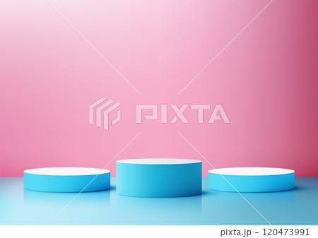 3D Blue Cylindrical Podium on Minimalist Pink and Blue Background for Modern Product Display Mockups 120473991