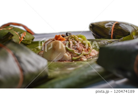 Raw ingredients for the preparation of the traditional Nacatamal, close-up of the raw ingredients of the Nicaraguan nacatamal. Nacatamal ingredients on banana leaves Raw ingredients for the preparation of the traditional Nacatamal, close-up of the raw ingredients of the Nicaraguan nacatamal. Nacatamal ingredients on banana leaves 120474189