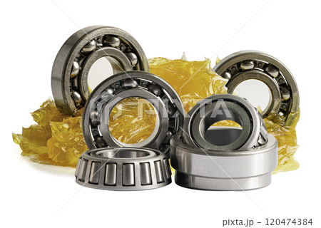 Ball bearing stainless with grease lithium machinery lubrication for automotive and industrial isolated on white background Ball bearing stainless with grease lithium machinery lubrication for automotive and industrial isolated on white background 120474384