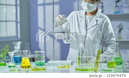A female scientist pours a liquid from a beaker into the erlenmeyer on the hanger. On the table surface is displayed full lab equipment. A close-up of the template photo in the tea tree lab settings. 120474474