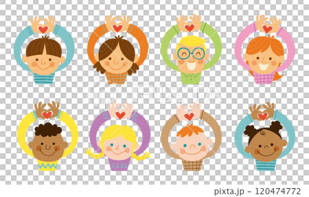 A set of upper body illustrations of various smiling children with their hands raised and holding hearts with their fingers 120474772
