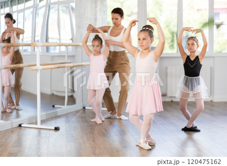 Little girls are learning various dance and ballet movements in studio 120475162