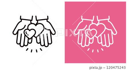 両手で2つのハートを渡すアイコンセット_太い線_手のひら_びっくり 両手で2つのハートを渡すアイコンセット_太い線_手のひら_びっくり 120475243