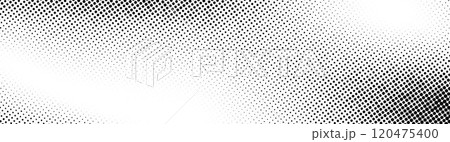 Grunge halftone background. Fading grit noise gradient texture. Black and white sand wallpaper. Anime or manga comic style overlay. Wide retro pixelated backdrop. Vector long halftone gritty print 120475400