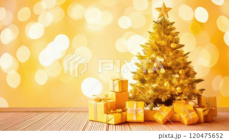 《AI画像》黄色のクリスマスツリーとプレゼント 120475652