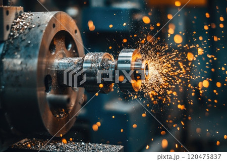 A machine is actively cutting metal, resulting in the production of sparks 120475837