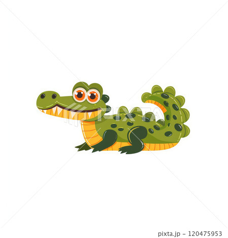 Cute baby crocodile flat cartoon illustration on white background. Alligator clipart 120475953