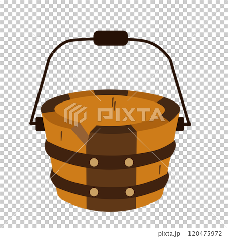 Illustration of a cracked and chipped wooden bucket 120475972