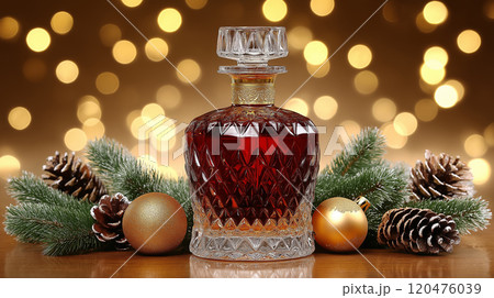 Elegant crystal decanter with red liquor, surrounded by pine branches, pinecones, and ornaments, festive background. 120476039