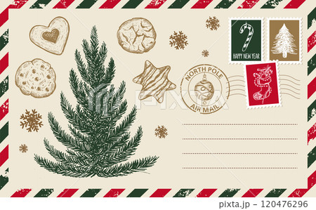 Christmas mail, postcard, hand drawn illustration. Christmas mail, postcard, hand drawn illustration. 120476296