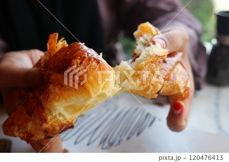 A Freshly Baked Croissant is Being Enthusiastically Torn Apart in Grasped Hands, Warm and Flaky 120476413