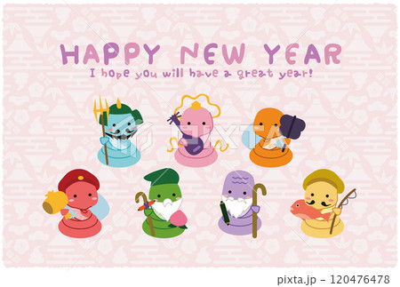 2025年　年賀状　横　HAPPY NEW YEAR七福神　水引き 背景薄いピンク 120476478