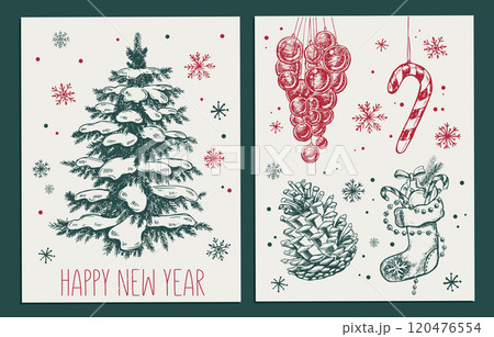 Christmas toy, ball, tree, set, Hand drawn illustration	 120476554