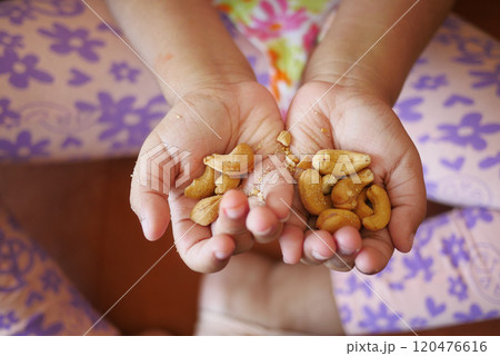 A Young Childs Hands Holding Delicious Cashew Nuts in a Colorful Display of Joy and Fun A Young Childs Hands Holding Delicious Cashew Nuts in a Colorful Display of Joy and Fun 120476616