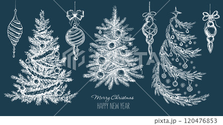 Christmas tree set on green, hand drawn illustration Christmas tree set on green, hand drawn illustration 120476853