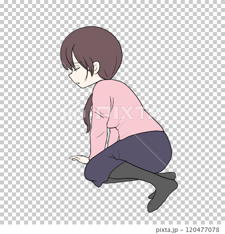 一個女人跌倒了,雙手著地,低垂著眼睛 一個女人跌倒了,雙手著地,低垂著眼睛 120477078