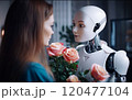 Blurred side view of female robot looking at her mannequin in flower shop 120477104