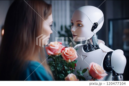 Blurred side view of female robot looking at her mannequin in flower shop 120477104