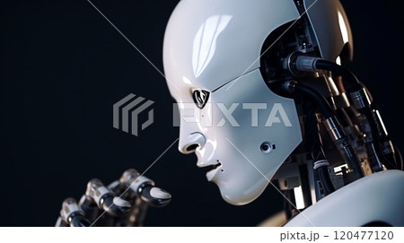Blurred humanoid robot in the dark room, artificial intelligence concept 120477120