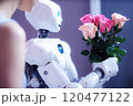 Blurred female robot holding bouquet of roses in her hands 120477122