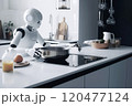 Blurred robot cooking in the kitchen. Concept of artificial intelligence and machine learning. 120477124