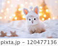 Cute little white rabbit on the bed with Christmas lights background. Selective Focus 120477136