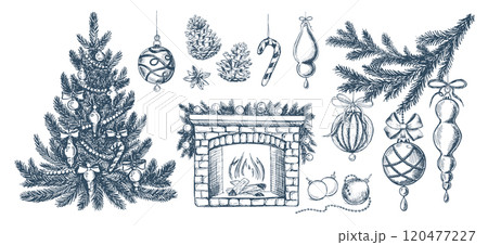 Christmas toy, tree, set, Hand drawn illustration	 120477227