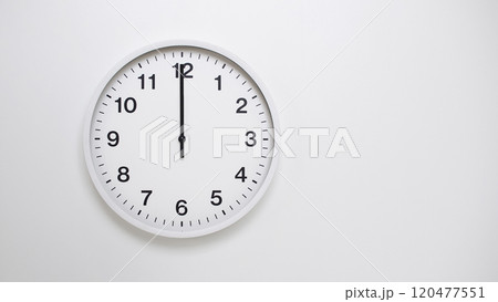 Clean White Clock at 12.00 or 00.00 or 24.00 on Minimalist White Background - Ideal for Time Concepts and Modern Design 120477551