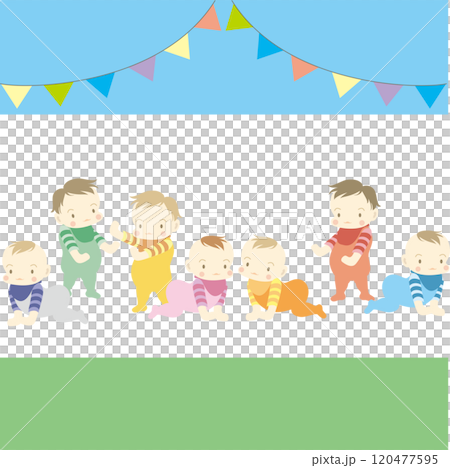 Multiracial babies standing, sitting and lying down 120477595