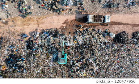Aerial view garbage pile in landfill, Garbage pile in trash dump landfill, Truck waste dump and backho work waste household in waste landfill, Environment global warming. Aerial view garbage pile in landfill, Garbage pile in trash dump landfill, Truck waste dump and backho work waste household in waste landfill, Environment global warming. 120477950