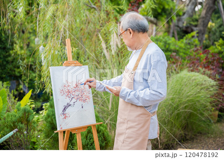 Artist. Asian senior old man painting picture using brush and oil color on canvas, lifestyle elderly people smile paint at his easel, Happy retirement and activity concept 120478192