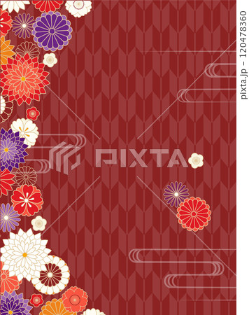 華やかな和柄と和花の背景イラスト素材 ベクター 年賀 お歳暮 赤背景 120478360