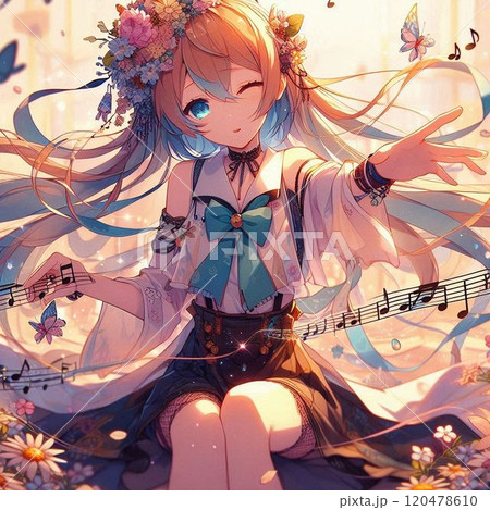 音楽を聴くカワイイ女の子、ボーカロイド、ヴォーカロイド 120478610