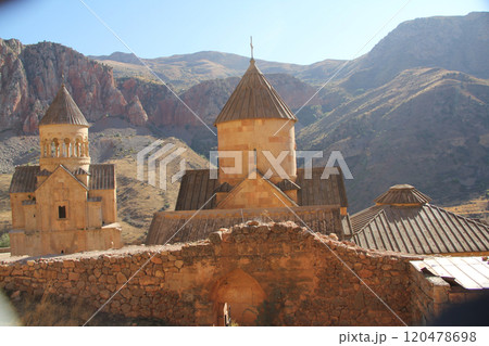 Ancient architecture of Tatev monastery in Armenia near mountains Ancient architecture of Tatev monastery in Armenia near mountains 120478698