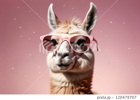 Cute fashionable llama in glasses on pink background 120478707
