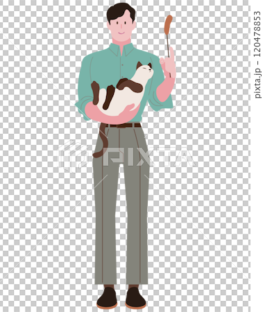 一個男人站著抱著一隻貓，收養者，寄養家庭 120478853