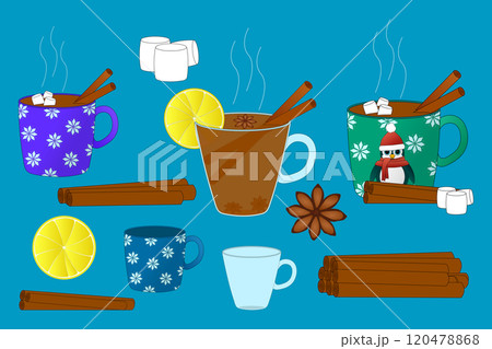 Winter Hot Drinks and Spices set Illustration Winter Hot Drinks and Spices set Illustration 120478868