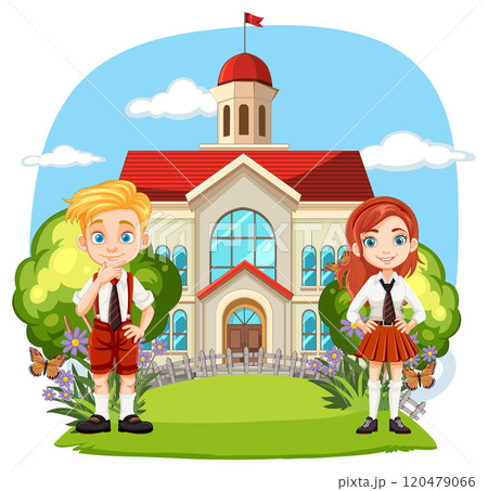 Children in Front of School Building 120479066