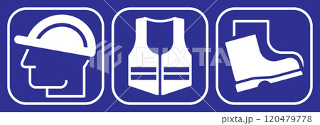 Safety Signs - must be worn symbols , Wear helmet, wear safety shoes, and wear protective vest. Safety Signs - must be worn symbols , Wear helmet, wear safety shoes, and wear protective vest. 120479778