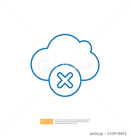 A simple graphic illustration of a cloud with a cross symbol, indicating a disconnection or error related to cloud services. 120479855