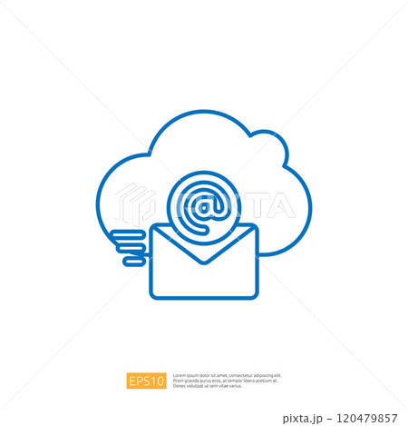A minimalist illustration of an envelope with an '@' symbol inside a cloud, representing email communication and cloud services. 120479857