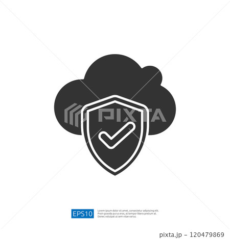 The image features a cloud with a shield in front of it, symbolizing security and protection in cloud computing or data storage. 120479869