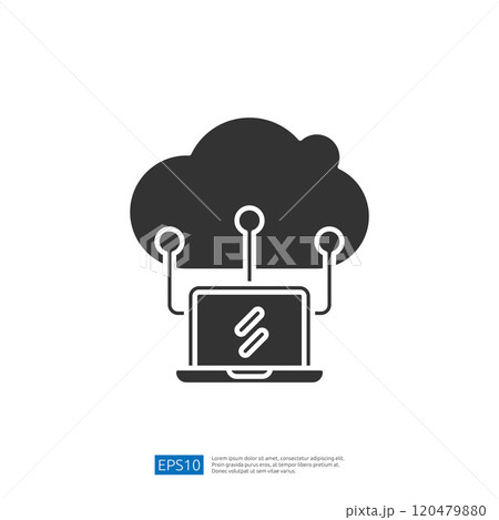 A graphic representation of cloud computing with a laptop and cloud symbol, illustrating digital connectivity and data transfer. 120479880